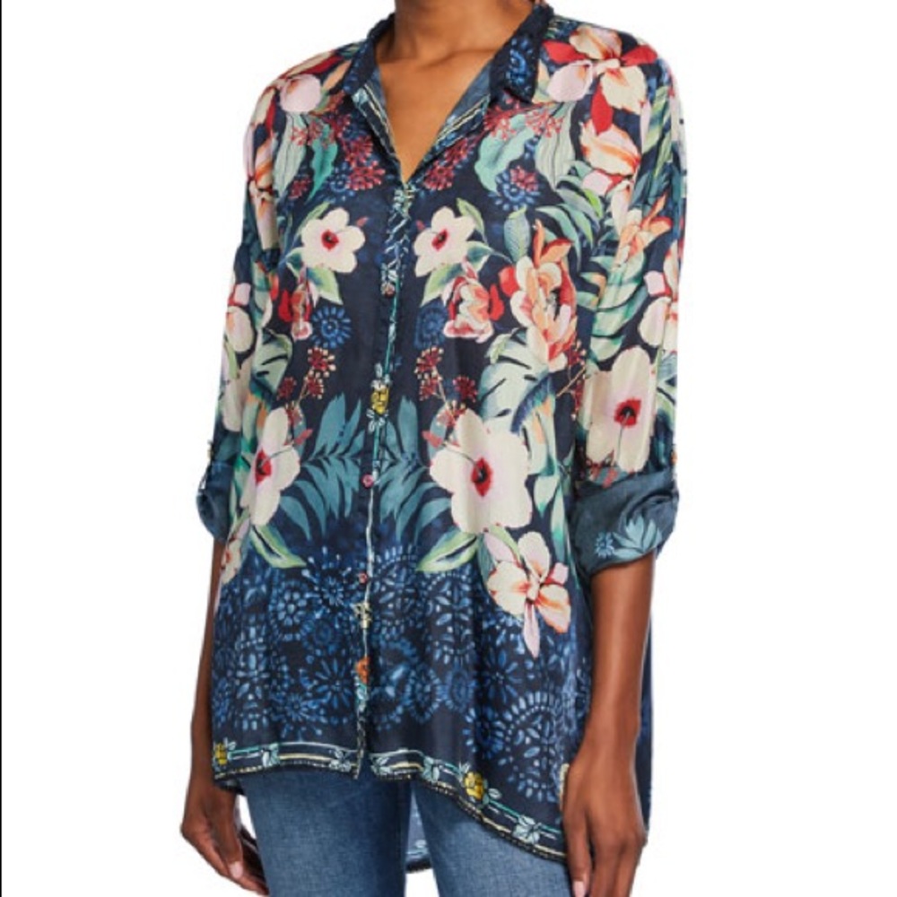 Johnny Was Nelia Floral Button-Front Silk Shirt